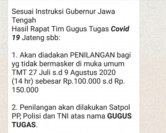 Buat Resah! Gugus Tugas Kesal dengan Tersebarnya Pesan Berantai Denda Penilangan Tak Bermasker