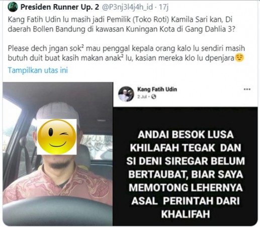 Posting soal Dukungan kepada Khilafah, Akun Kang Fatih Udin Siap Penggal Kepala Denny Siregar