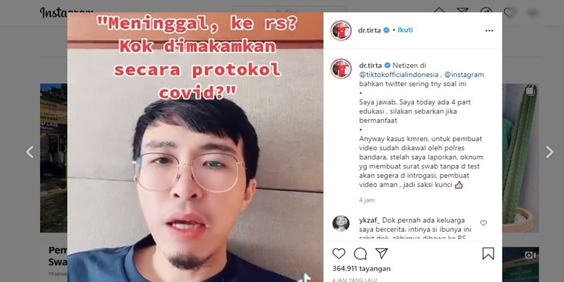 Pasien Meninggal Tiba-tiba Disebut Di-Covid-kan, Dokter Tirta Beri Penjelasan Begini