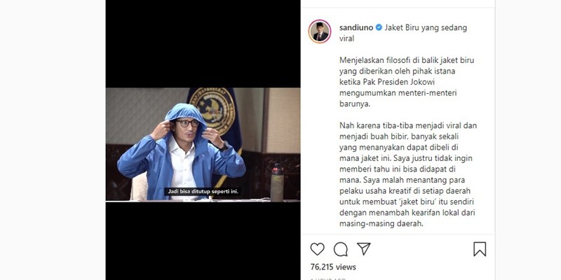 Makna Jaket Biru Diungkap Sandi dalam Video Instagramnya yang Diunggah Hari Ini