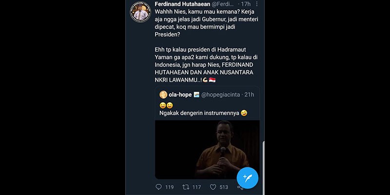 Berbau Rasisme dan Berbahaya, Kicauan Ferdinand Hutahaean tentang Anies Baswedan dan Hadramaut Meresahkan