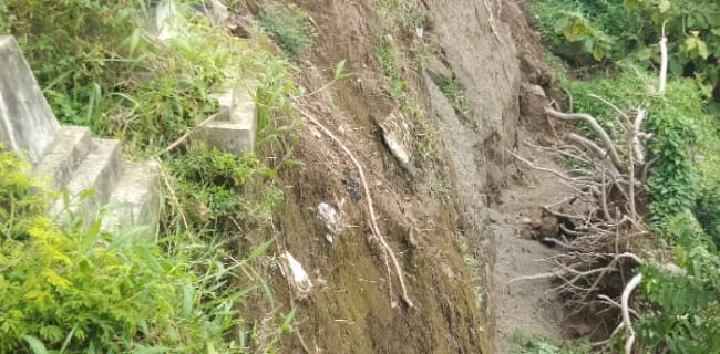 Kuburan Longsor, Sejumlah Kain Kafan Tampak Menggantung di Dinding Tanah