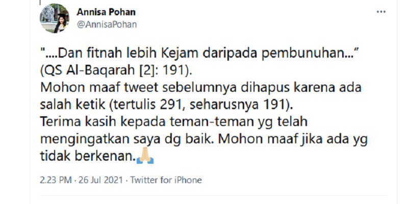 Kutip Ayat Alquran soal Kekejaman Fitnah, Annisa Pohan Akui Salah Ketik: Mohon Maaf