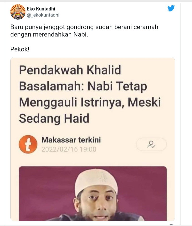 Ustaz Khalid Basalamah Sebut Nabi Tetap Menggauli Istrinya Meski Haid, Eko Kuntadhi: Pekok!