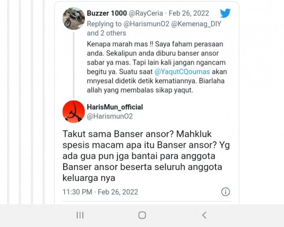 Ancam Gus Yaqut dan Gus Yahya, Akun @HarismunO2 Sesumbar Tidak Takut Banser