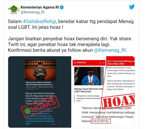 Usai Heboh Toa, Menag Yaqut Diberitakan Ajak Masyarakat Hormati LGBT, Kemenag: Hoax!