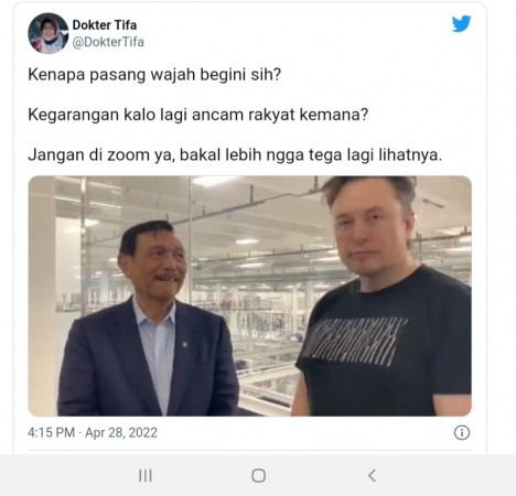 Kritik Foto Luhut dan Elon Musk, dr Tifa: Kenapa Pasang Wajah Begini Sih?