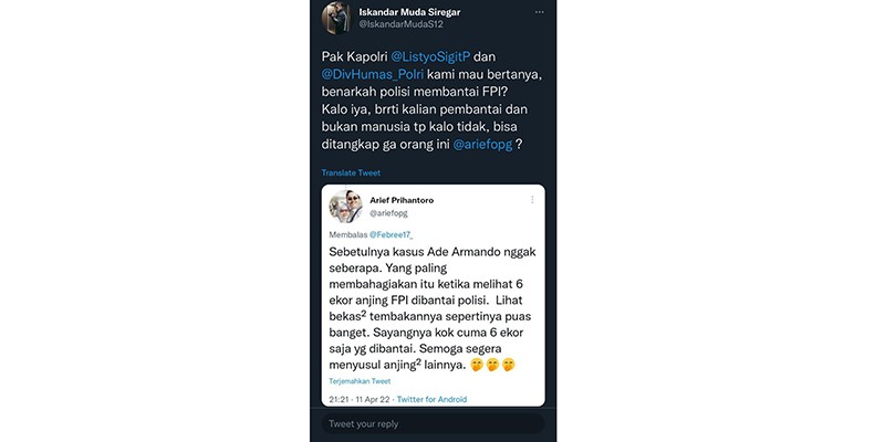 Samakan dengan Anjing, Warganet Singgung Tweet Arief Prihantoro: Benarkah Polisi Membantai FPI?