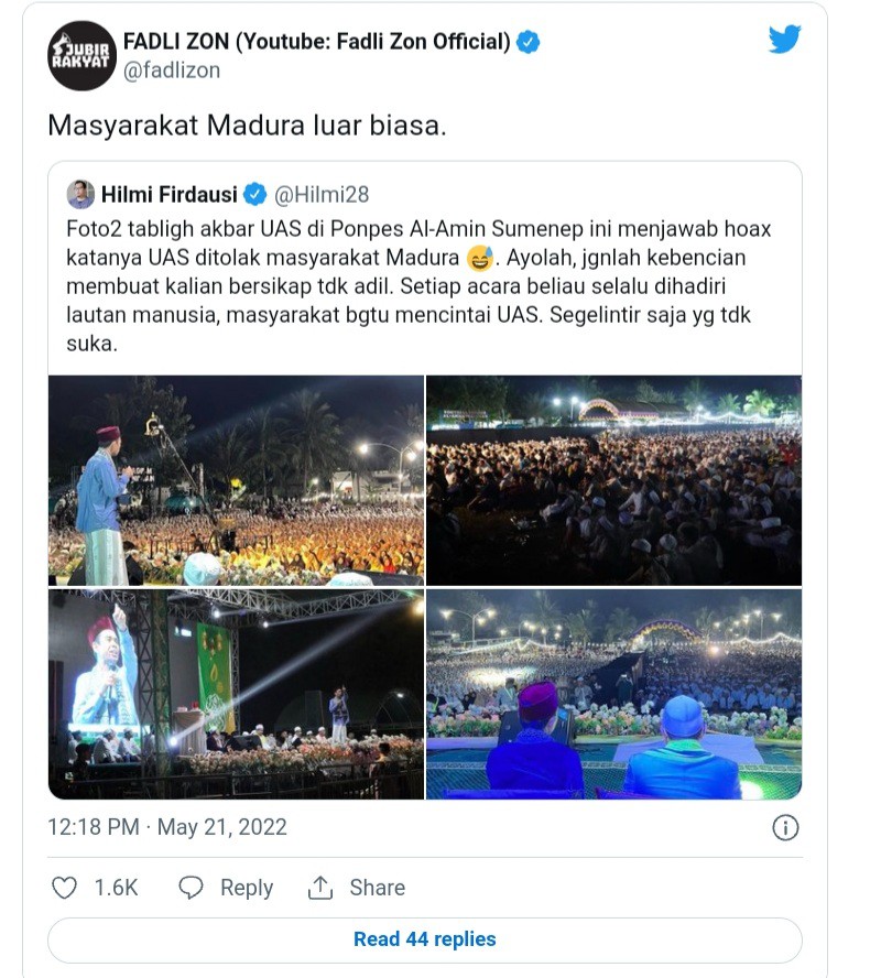 Ribuan Jemaah Hadiri Ceramah Ustaz Abdul Somad di Madura, Fadli Zon Respon Begini