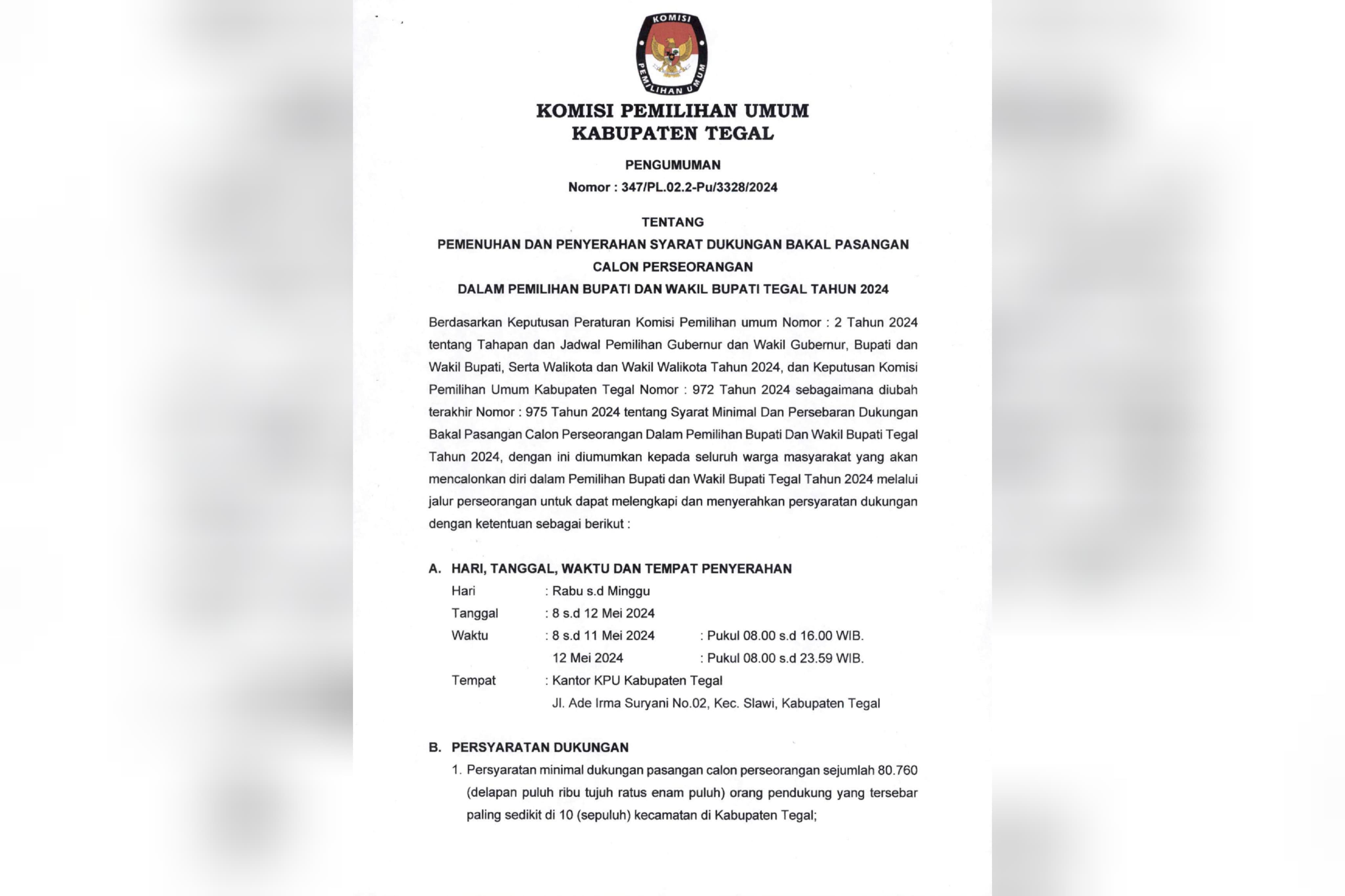 Pemenuhan dan Penyerahan Syarat Dukungan Bacalon Perseorangan Pemilihan Bupati dan Wakil Bupati Tegal 2024