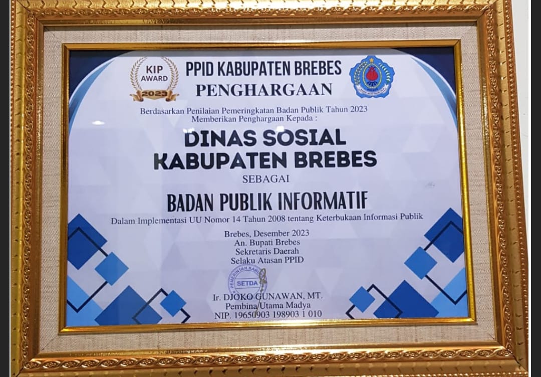 PPID Dinsos Brebes Mendapat Predikat Badan Publik Informatif