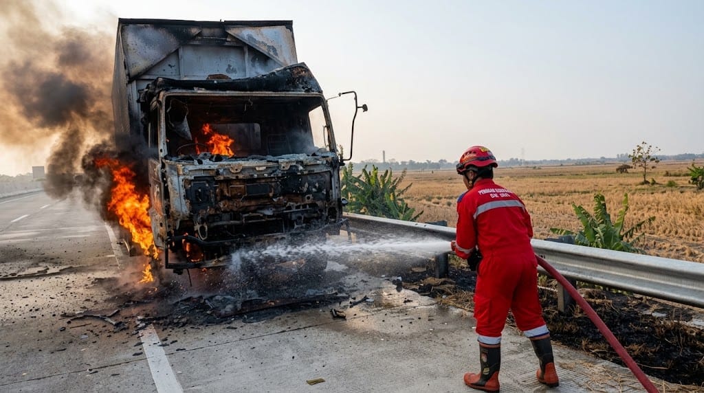 Mencekam! Truk Kontainer Ludes Terbakar di Tol Pejagan-Pemalang KM 303