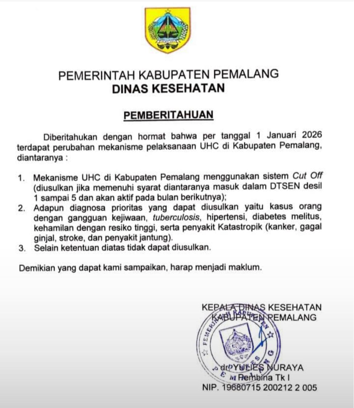 Mekanisme UHC di Pemalang Berubah Mulai 1 Januari 2026, Penyakit Apa Saja yang Bisa Diusulkan?