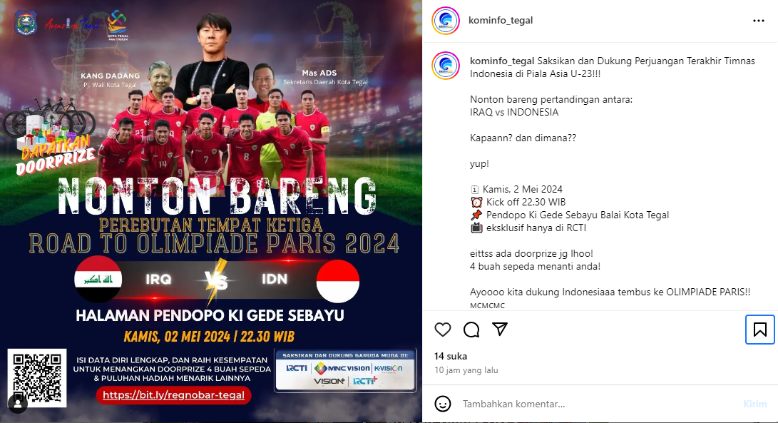 Nobar Timnas U-23 Vs Irak di Kota Tegal Ada Doorprizenya, Ayoo Dukung Timnas Lolos Olimpiade