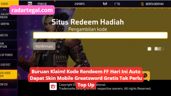 Buruan Klaim! Kode Redeem FF Hari Ini Auto Dapat Skin Mobile Greatsword Gratis Tak Perlu Top Up