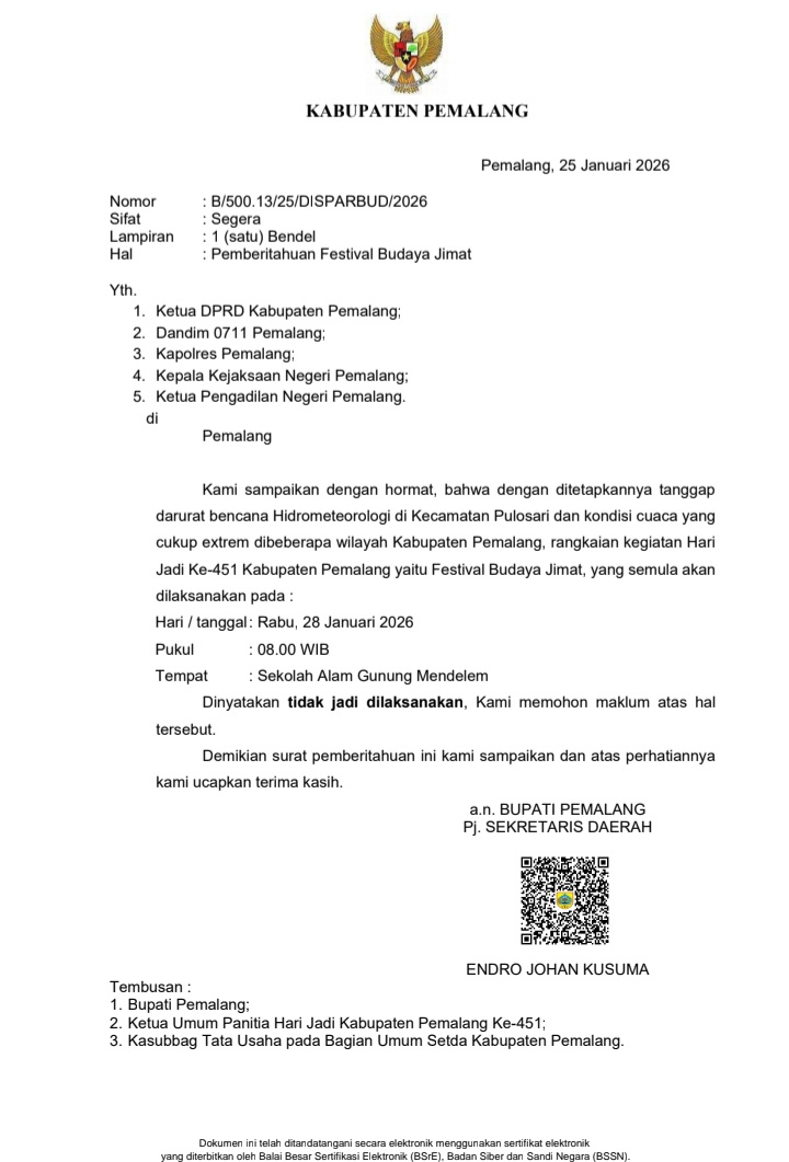 Festival Budaya Jimat Hari Jadi ke-451 Pemalang Dibatalkan, Ini Alasannya