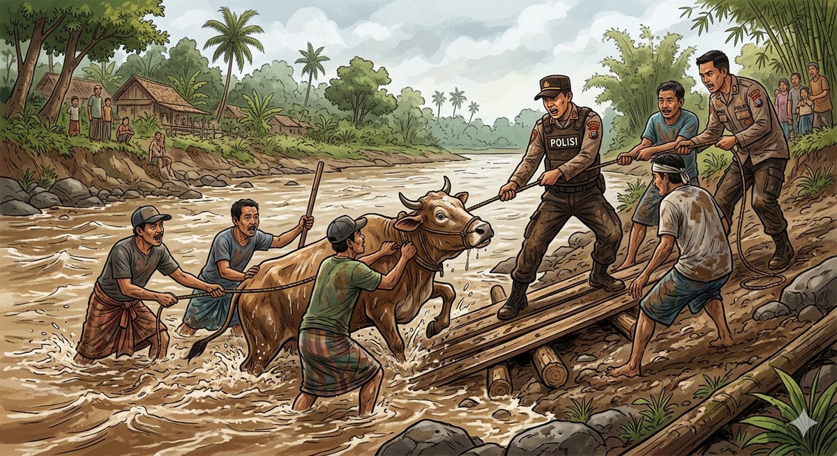 Ikatan Terlepas, Sapi Kurban di Pemalang Kecemplung Sungai Krasak, Evakuasi Berlangsung Dramatis