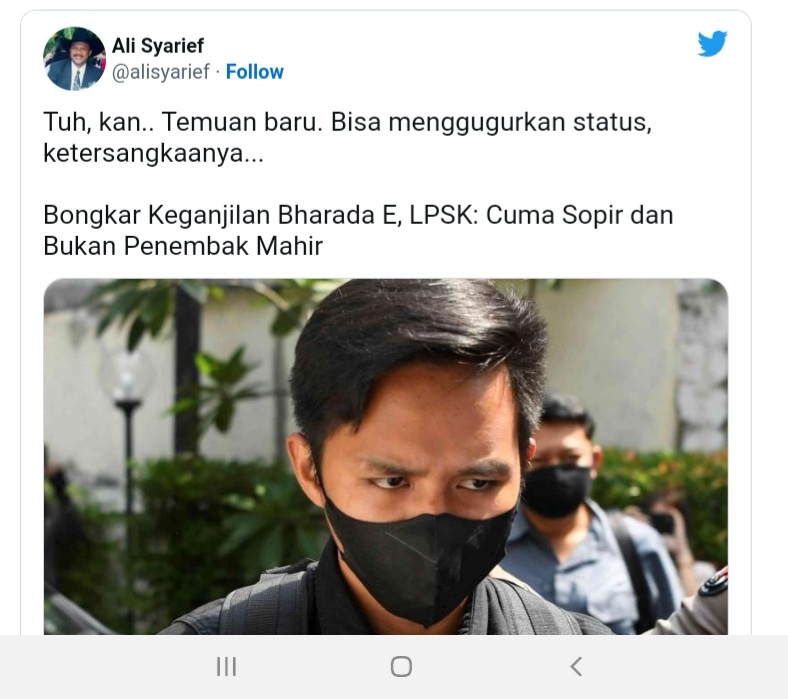 Bharada E Cuma Sopir, Ali Syarief: Bisa Menggugurkan Status Ketersangkaannya  