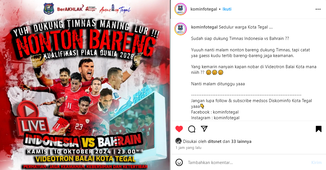 Tempat Nobar di Tegal, Indonesia Vs Bahrain Kualifikasi Piala Dunia 2026 