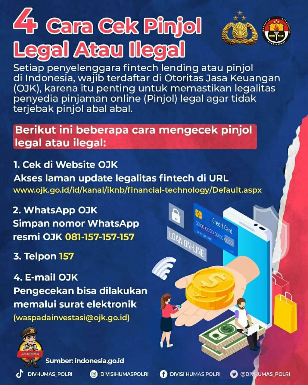 Cara Cek Pinjol Ilegal Atau Legal Di OJK, Lakukan Pengecekan Rutin  Lewat Email,  Whatsapp dan Kontak 157