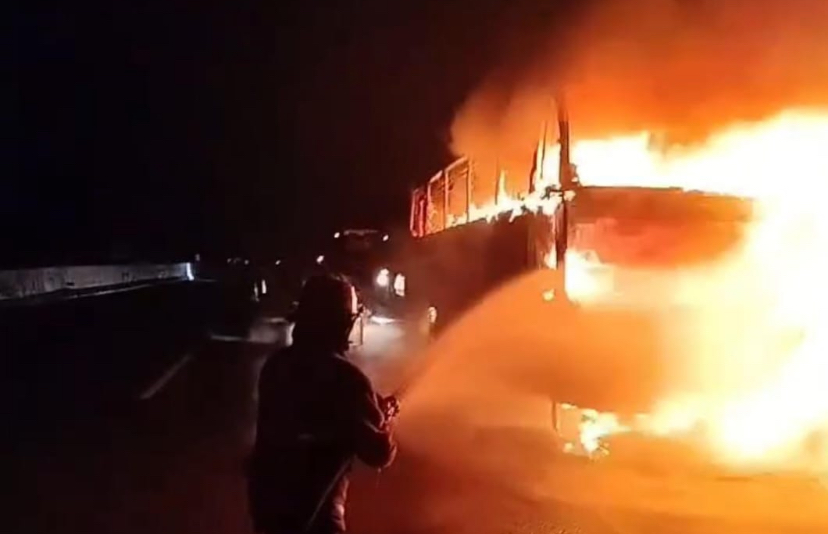 Heboh! Bus Akas Aurora Terbakar di Tol Kanci-Pejagan Brebes