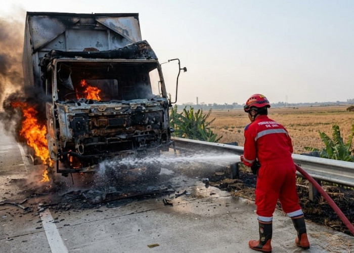 Mencekam! Truk Kontainer Ludes Terbakar di Tol Pejagan-Pemalang KM 303