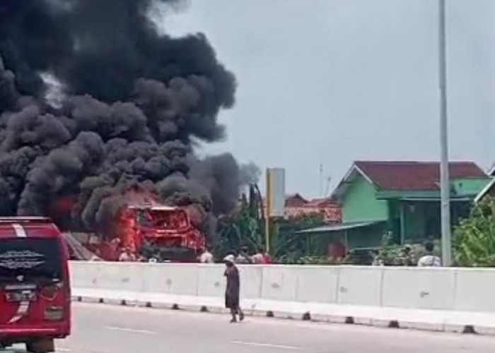 BREAKING NEWS! Sebuah Bus Terbakar di Exit Tol Adiwerna Tegal